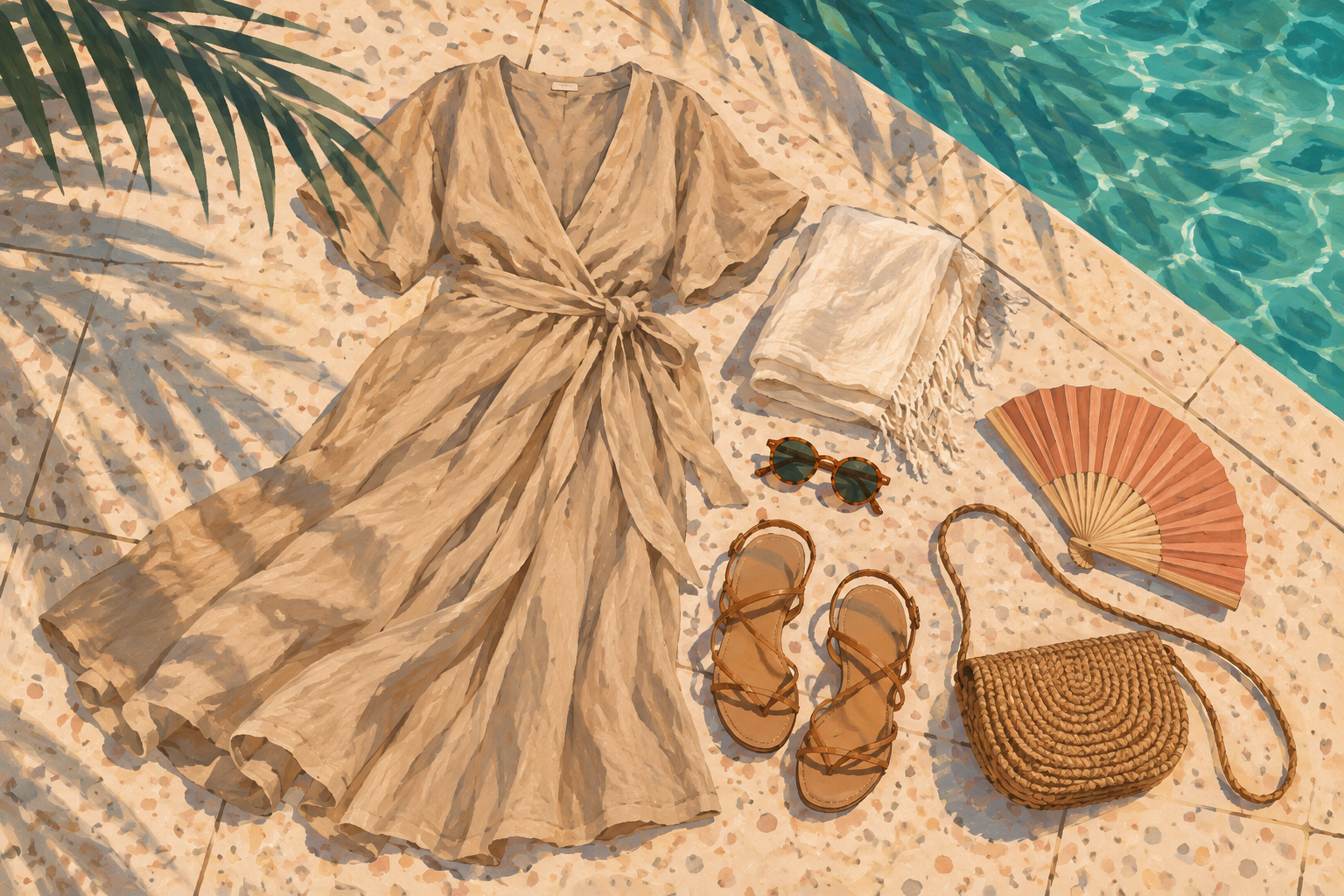 Illustration of an unbranded evening outfit laid out beside a pool: a sand-colored linen wrap dress, flat strappy sandals, a light cream shawl, sunglasses, a woven crossbody bag and a coral folding fan on terrazzo tiles