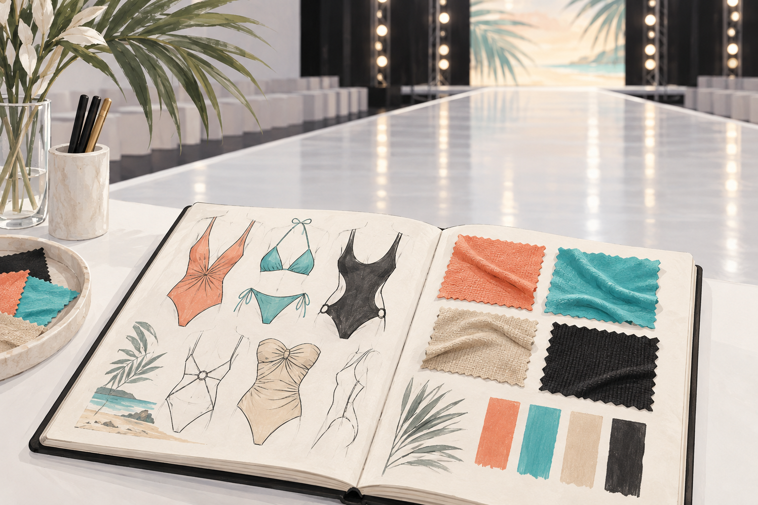 Illustration of a buyer's sketchbook beside an empty runway, with swimsuit silhouette sketches, coral, turquoise, sand and black fabric swatches, and a matching color palette