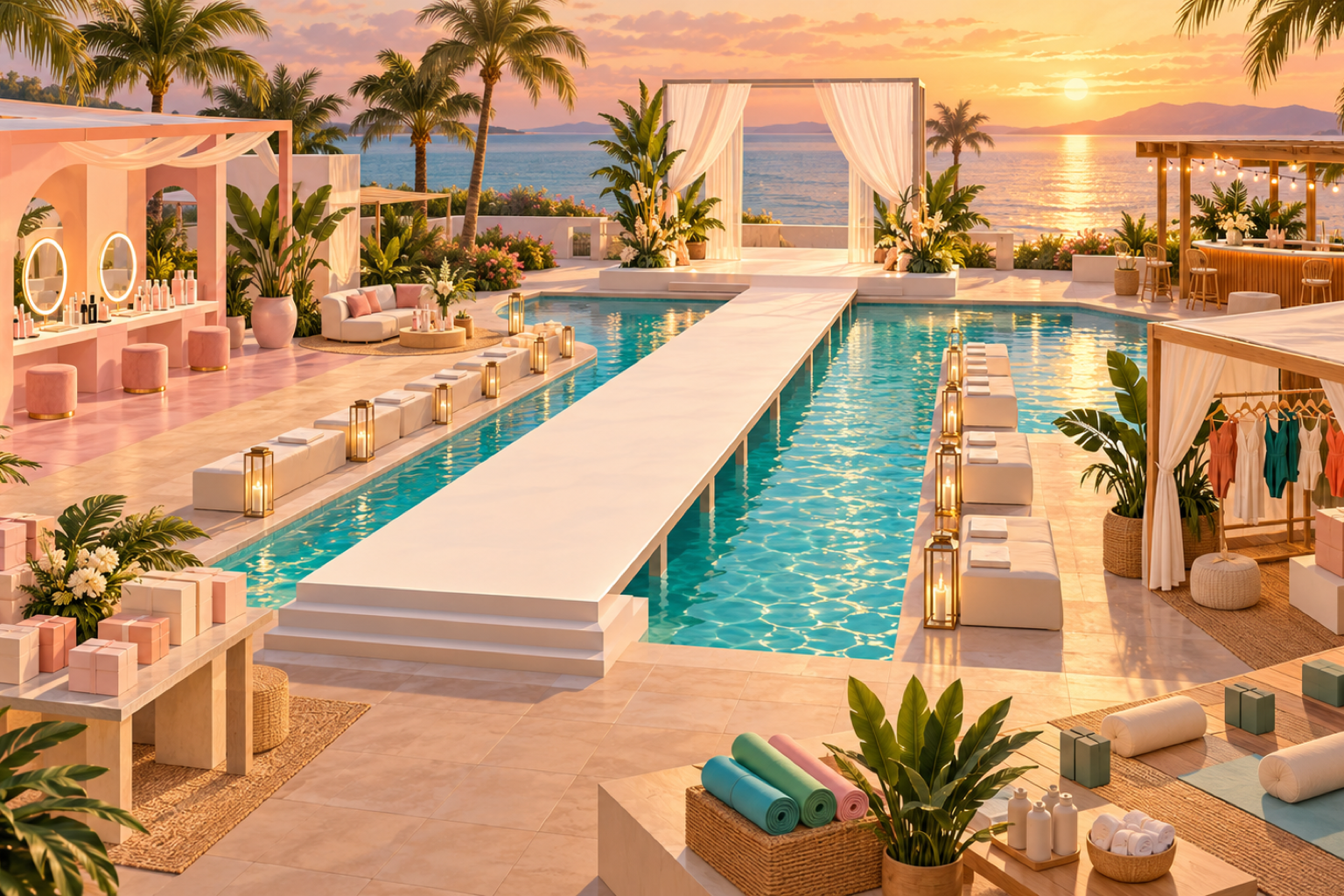 Illustration of an empty waterfront pool deck set up for a swim week event at sunset, with a runway over the pool and unbranded activation spaces: a beauty lounge, a gift table, wellness mats, a cabana boutique and a bar