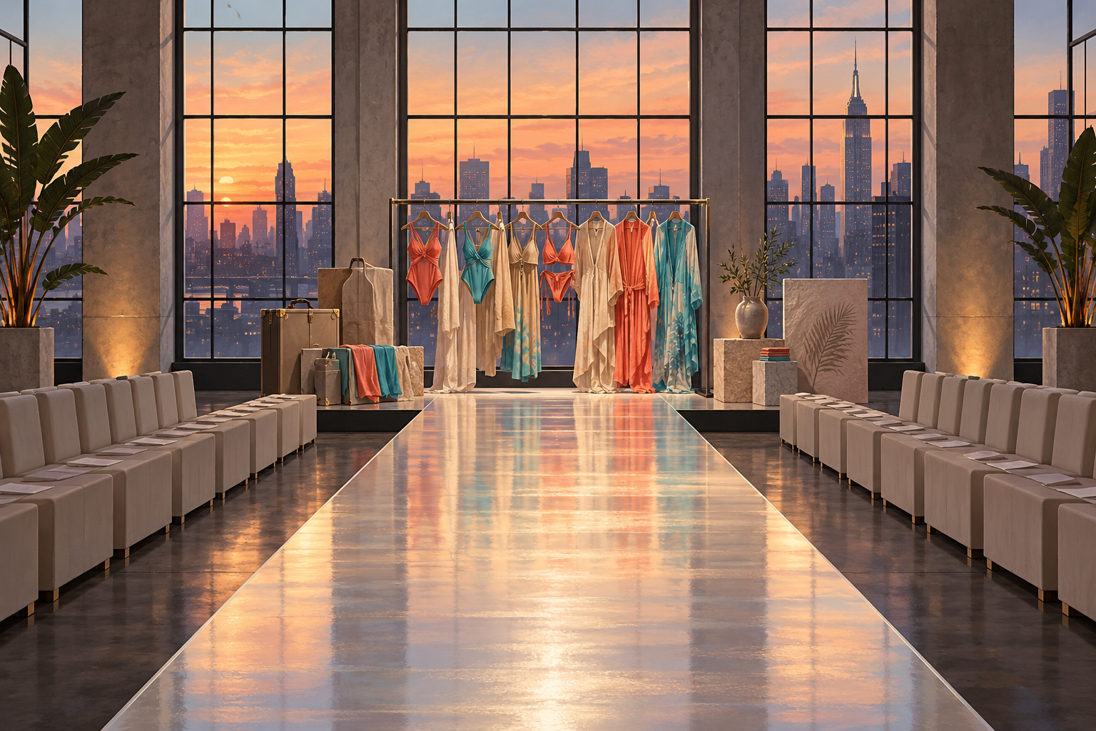 Illustration of an empty New York runway venue at sunset, with tall industrial windows framing the city skyline, a glossy runway lined with empty seats, and a rail of unbranded coral, turquoise and sand swimsuits and resort cover-ups