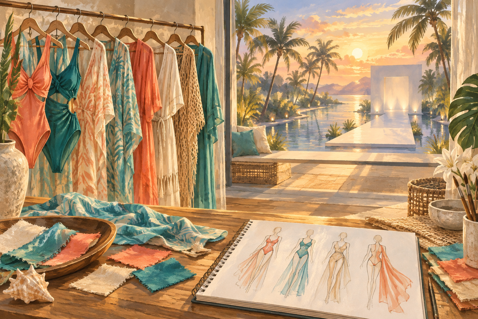 Illustration of a swim and resort design studio with unbranded coral and turquoise swimsuits and cover-ups on a rack, fabric swatches, a sketchbook of design croquis, and an empty waterside runway at sunset