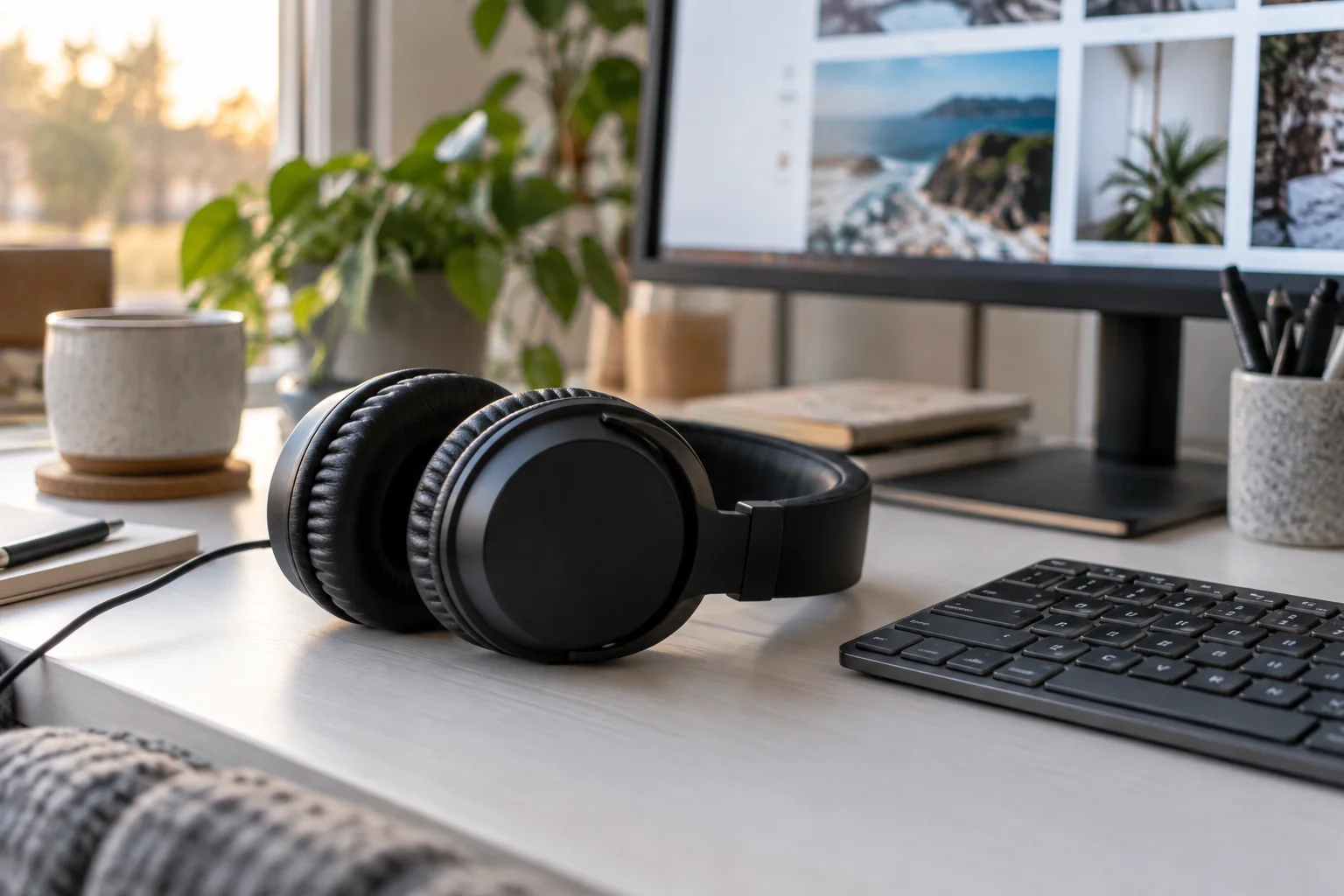 Headset and keyboard on a quiet creator workspace