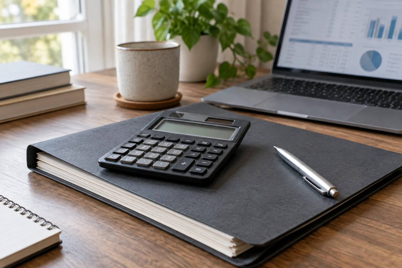 Calculator and contract folder beside a pen and laptop