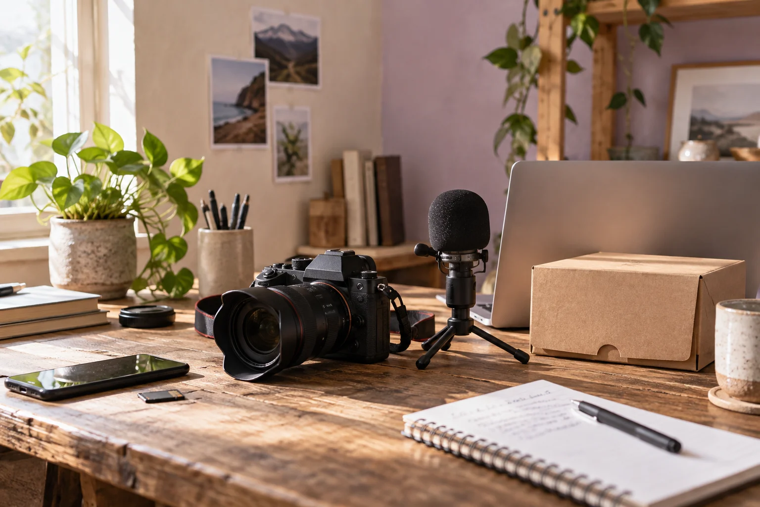 Camera, microphone and mailing box on a creator's workbench