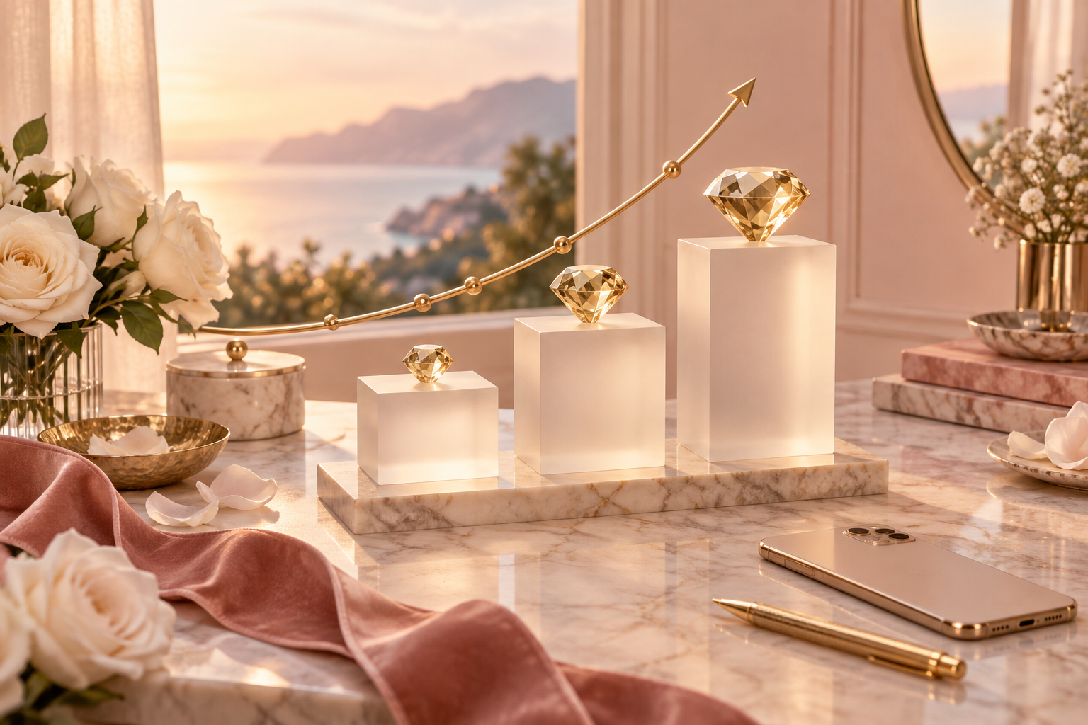 Illustration of three frosted glass plinths of rising height topped with gold gems, like pricing tiers, beside a gold upward-curving chart on a blush marble vanity at sunset