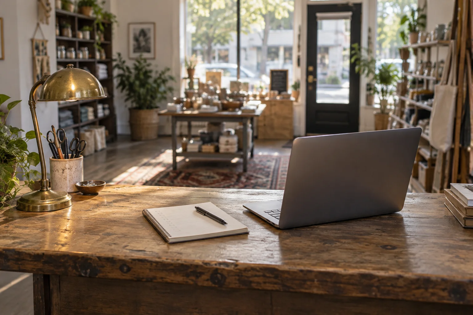 Laptop and planning notebook on a neighborhood shop counter