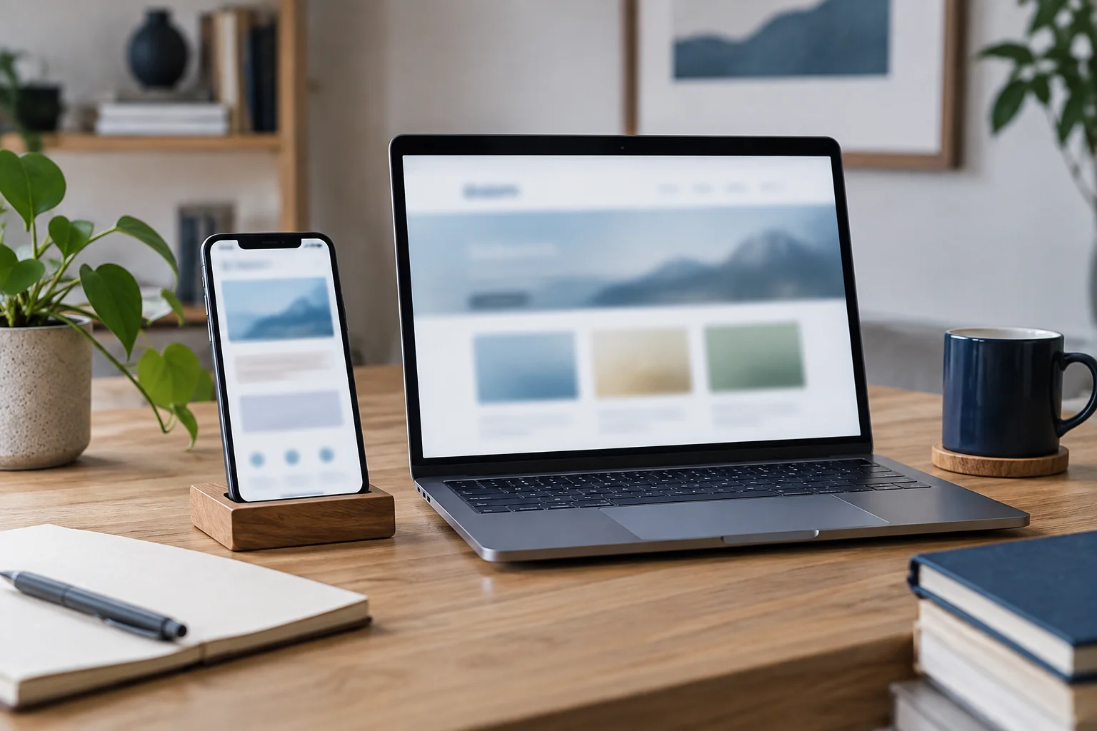 Smartphone and laptop side by side on an office desk