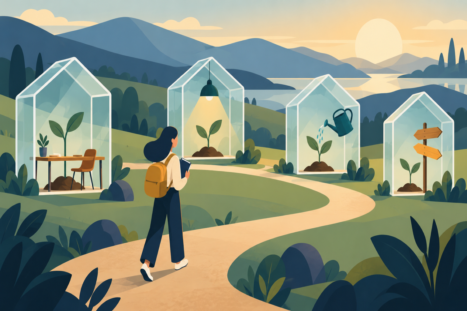 Illustration of a founder with a notebook walking a winding path past small glass greenhouses, each holding a seedling with a different kind of support: a desk, a lamp, a watering can and a signpost