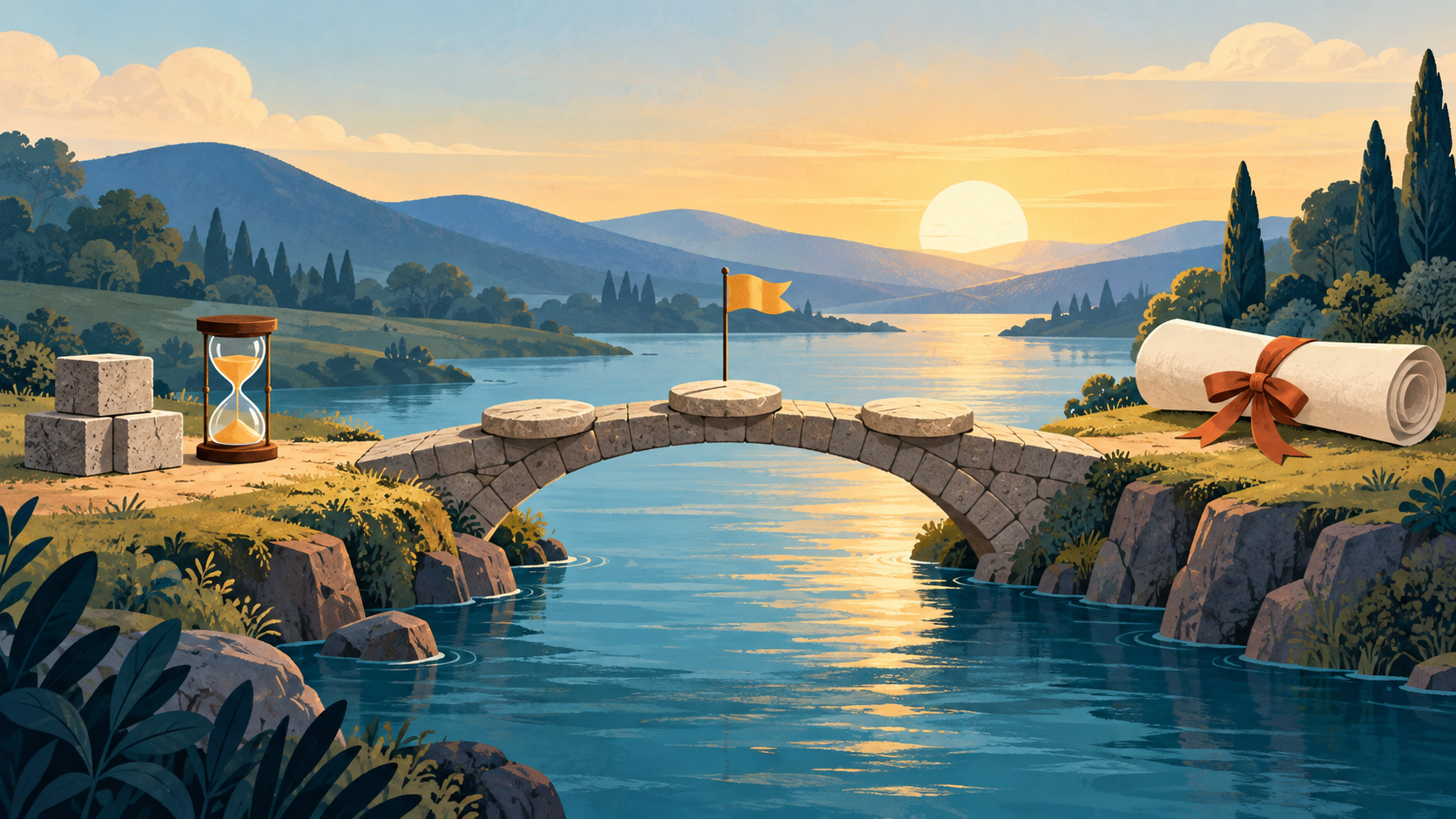 Illustration of a stone arch bridge with three milestone stepping stones and a small flag crossing a river, linking an hourglass and building blocks on one bank to a ribbon-tied rolled contract on the other