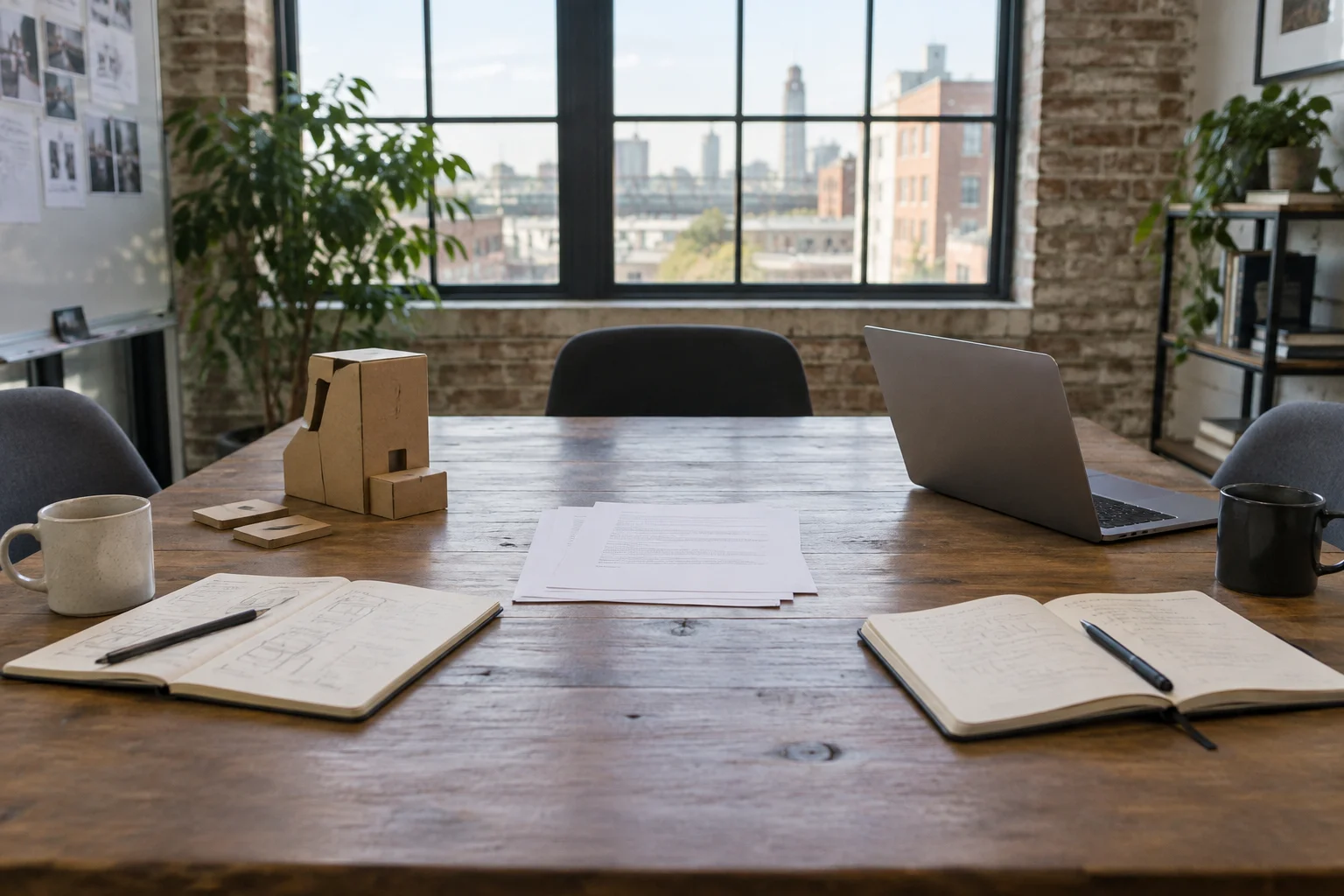 Two notebooks and agreement pages at a startup meeting table