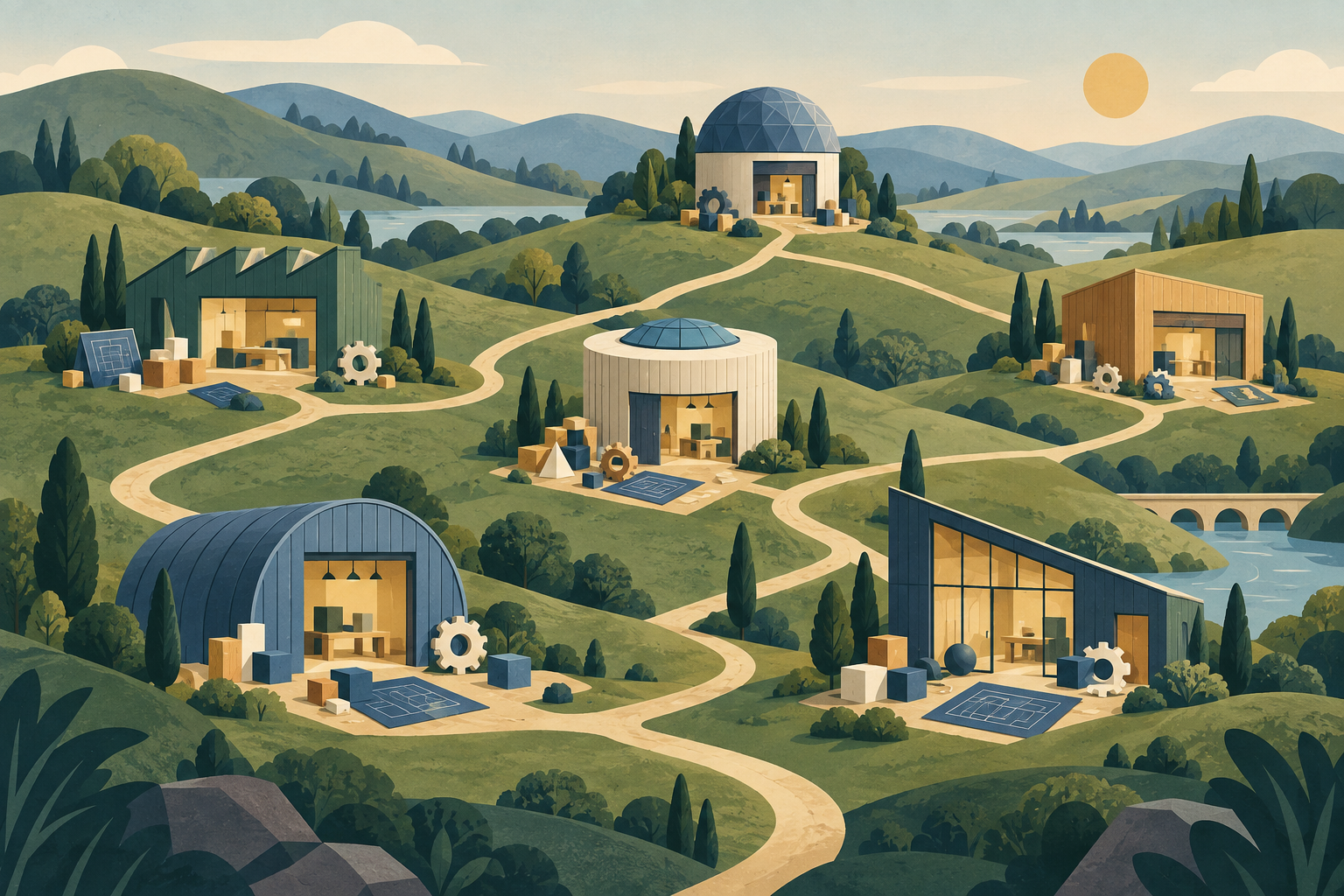Illustration of several different workshop studios on rolling green hills, linked by winding paths, each assembling blocks, gears and blueprints