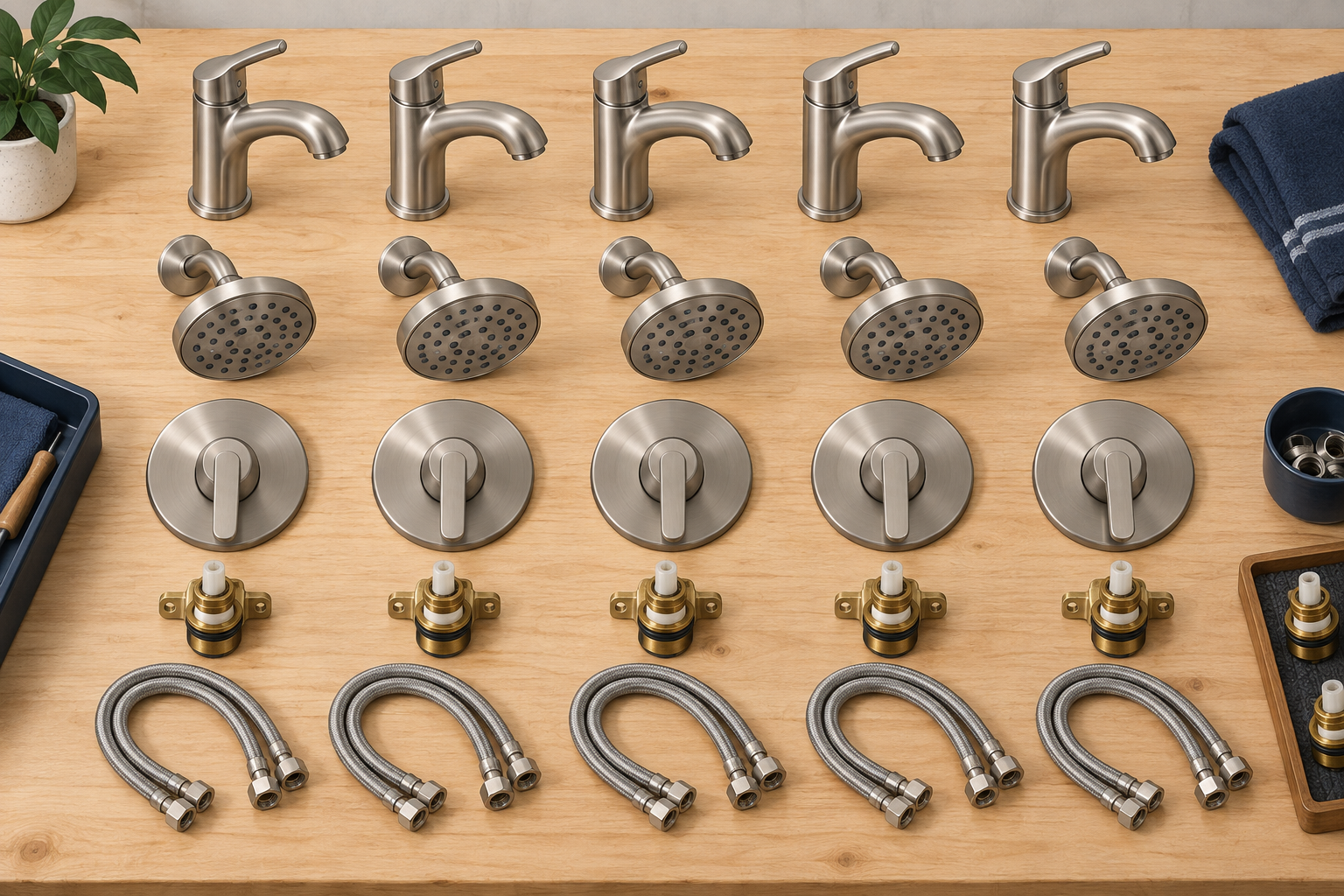 Illustration of matching unbranded brushed-nickel faucets, shower heads, valve trims, cartridges and braided supply lines laid out in rows on a wood workbench, like a plumbing fixture package for many apartment units