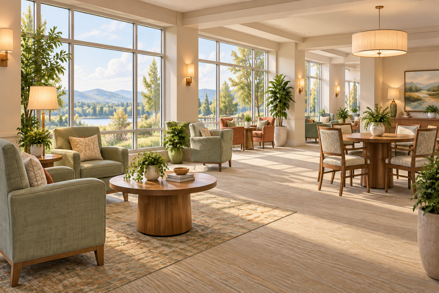 Illustration of an empty senior living community lounge with sturdy upholstered armchairs, a round wood coffee table, a dining table with armed chairs, wall sconces and large windows in warm daylight