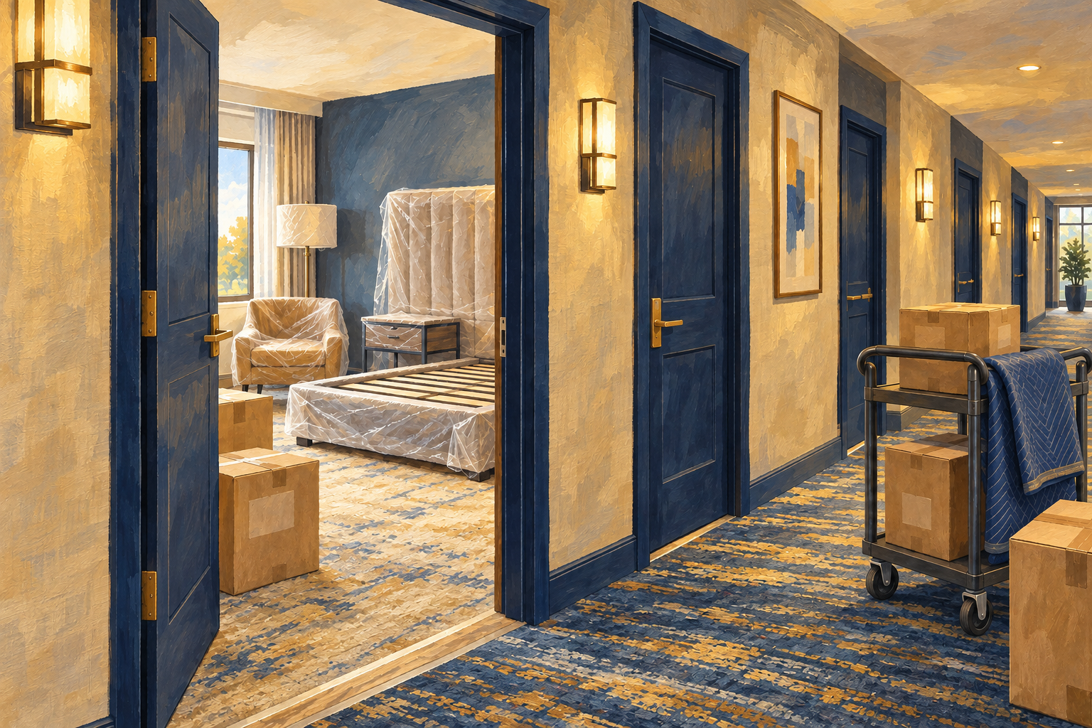Illustration of a hotel corridor during a phased renovation, with one guest room open showing new plastic-wrapped furniture and cartons while neighboring room doors stay closed