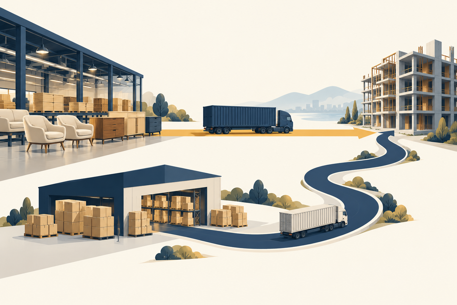Illustration comparing two furniture supply routes: a direct path from a furniture factory by container truck to an apartment building under construction, and a longer road that detours through a warehouse