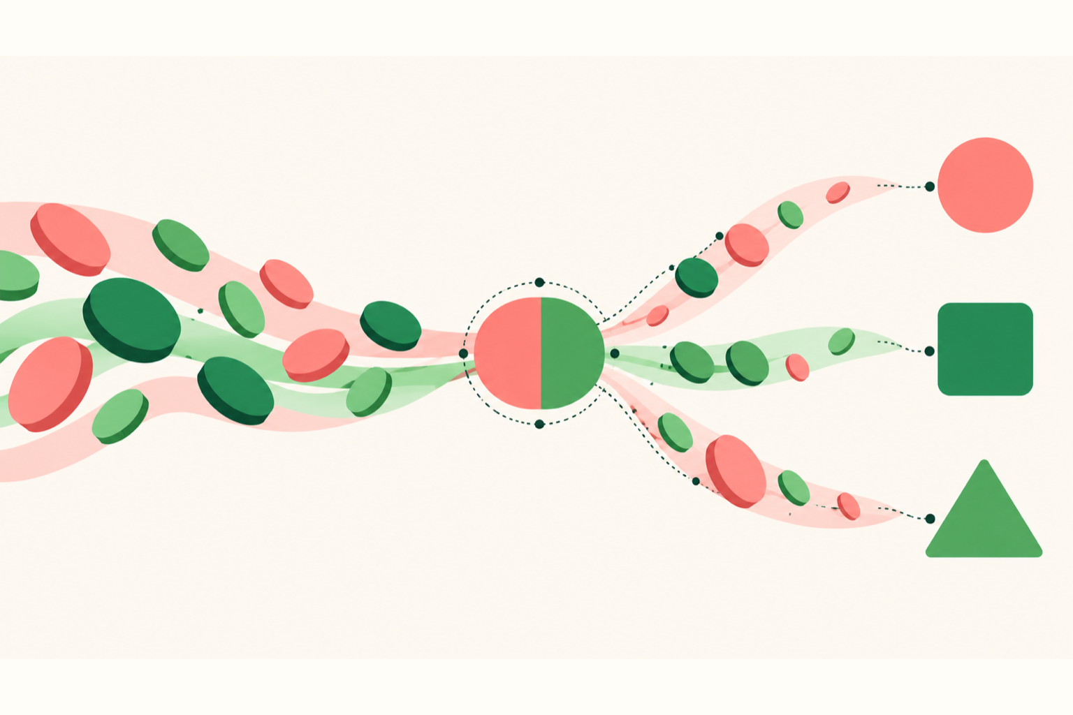 Illustration of coral and green coin streams flowing into one split node and branching to three collaborator shapes, showing a referral split routed from agency revenue
