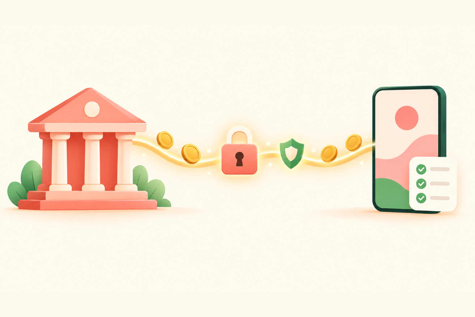 Illustration of a bank building linked to a phone app by a glowing line that passes through a padlock and a shield, with coins moving along it and a checklist card beside the phone